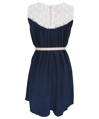 Rochie din voal bleumarim cu combinatie din dantela ecru