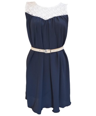 Rochie din voal bleumarim cu combinatie din dantela ecru