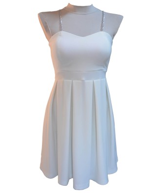 Rochie ecru, eleganta  din jerse, accesorizata cu bretele din lant delicat, argintiu