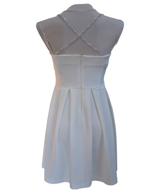Rochie ecru, eleganta  din jerse, accesorizata cu bretele din lant delicat, argintiu